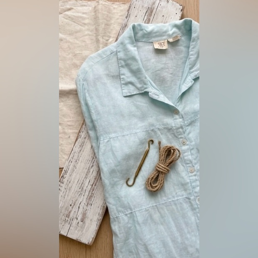 LA BLEND Bali Vintage 100% Linen Light Blue Ruffle Tunic Dress XL Coastal Boho - Picture 6 of 14